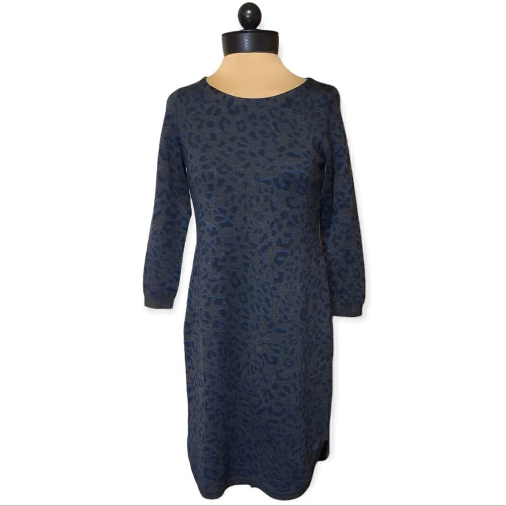 Loft Leopard Print Grey Blue Sweater Dress NEW Small Petite SP